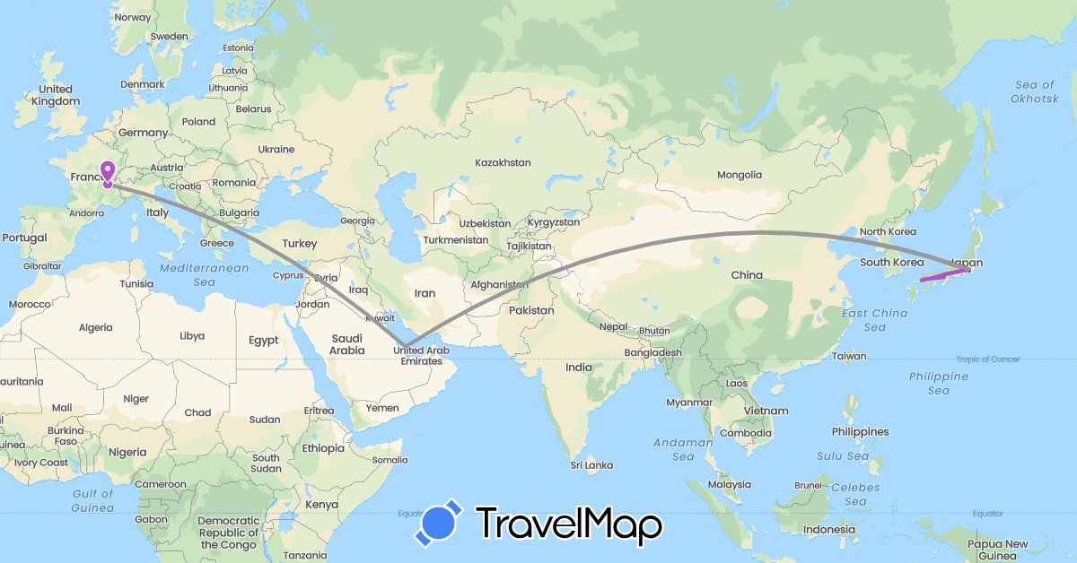 TravelMap itinerary: driving, plane, train, boat in France, Japan, Qatar (Asia, Europe)